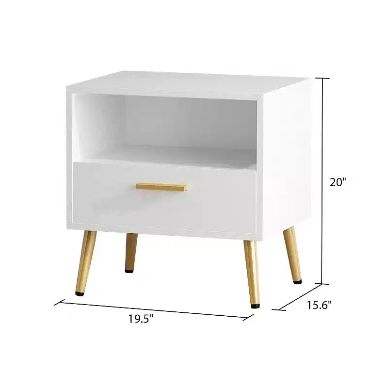 Comodino Rettangolare Bianco con Cassetto e Ripiano, Dettagli Dorati