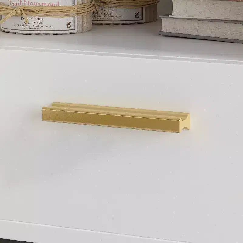 Comodino Rettangolare Bianco con Cassetto e Ripiano, Dettagli Dorati