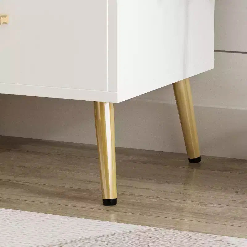 Comodino Rettangolare Bianco con Cassetto e Ripiano, Dettagli Dorati