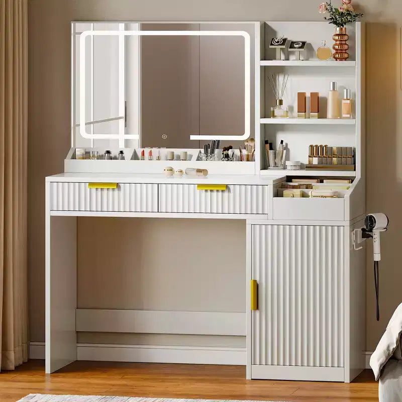 Toeletta con Specchio Illuminato, Rovere/Bianco, Stile Scanalato, 1 Persona