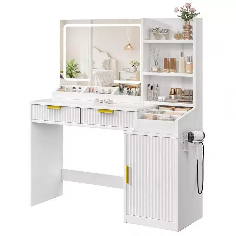 Toeletta con Specchio Illuminato, Rovere/Bianco, Stile Scanalato, 1 Persona