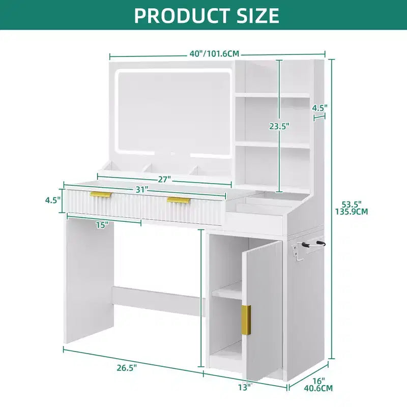 Toeletta con Specchio Illuminato, Rovere/Bianco, Stile Scanalato, 1 Persona