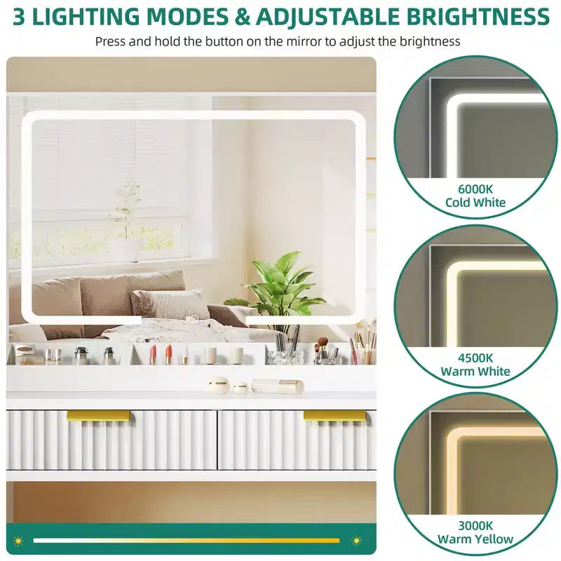 Toeletta con Specchio Illuminato, Rovere/Bianco, Stile Scanalato, 1 Persona