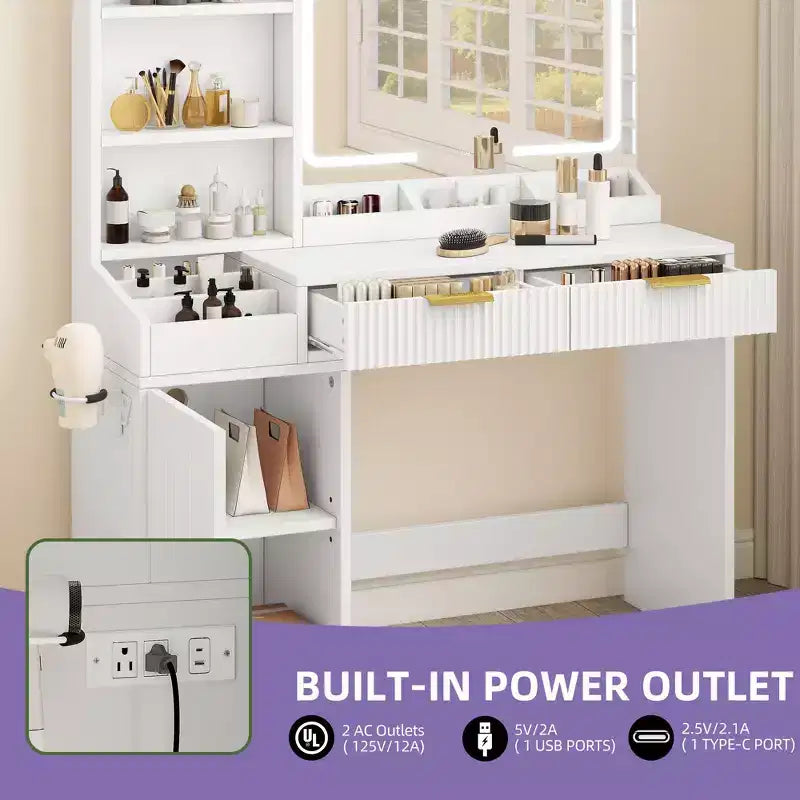 Toeletta con Specchio Illuminato, Rovere/Bianco, Stile Scanalato, 1 Persona