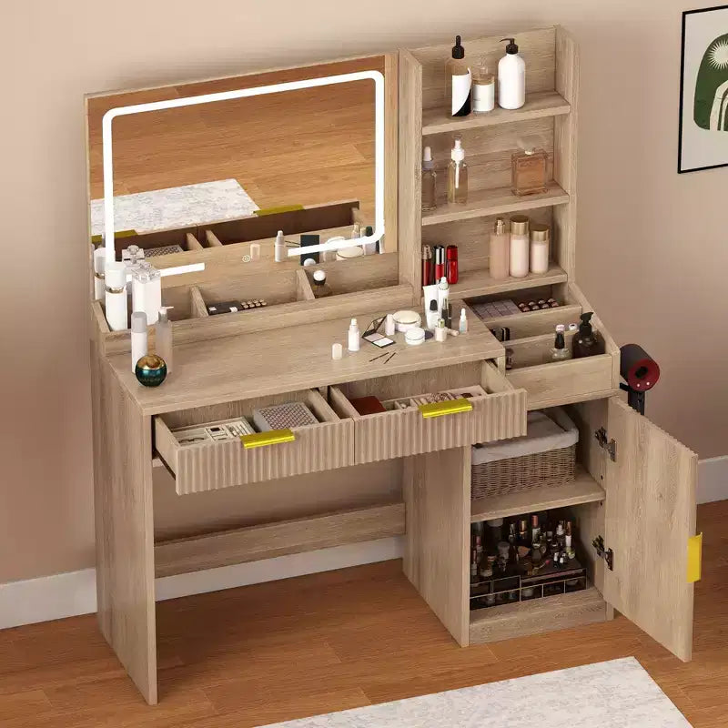 Toeletta con Specchio Illuminato, Rovere/Bianco, Stile Scanalato, 1 Persona