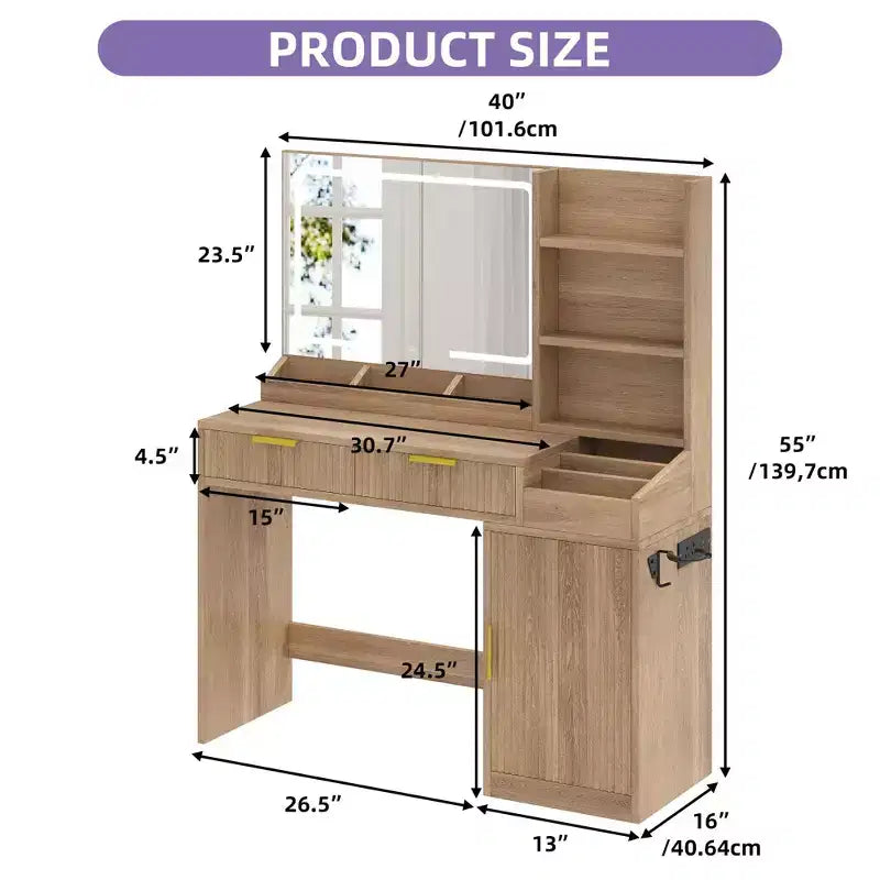Toeletta con Specchio Illuminato, Rovere/Bianco, Stile Scanalato, 1 Persona
