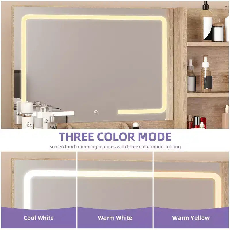 Toeletta con Specchio Illuminato, Rovere/Bianco, Stile Scanalato, 1 Persona