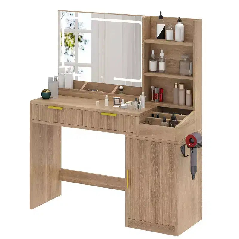 Toeletta con Specchio Illuminato, Rovere/Bianco, Stile Scanalato, 1 Persona