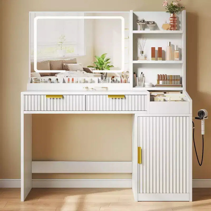 Toeletta con Specchio Illuminato, Rovere/Bianco, Stile Scanalato, 1 Persona