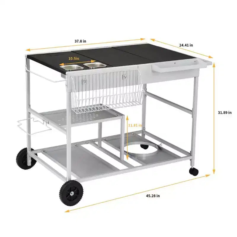 Carrello BBQ a 4 ruote color argento con piano in acciaio inossidabile e vassoio portaspezie