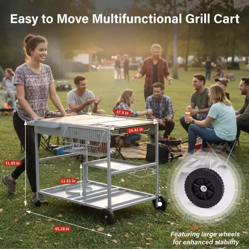 Carrello BBQ a 4 ruote color argento con piano in acciaio inossidabile e vassoio portaspezie