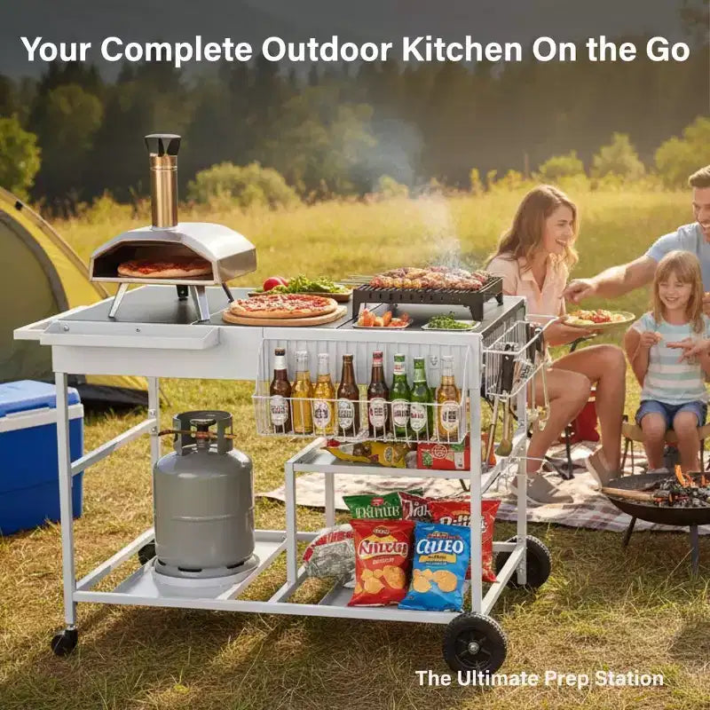 Carrello BBQ a 4 ruote color argento con piano in acciaio inossidabile e vassoio portaspezie