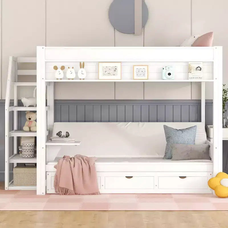 Letto a Castello Convertibile Full Size Grigio/Bianco con Scala e Spazio Contenitore, 2 Persone