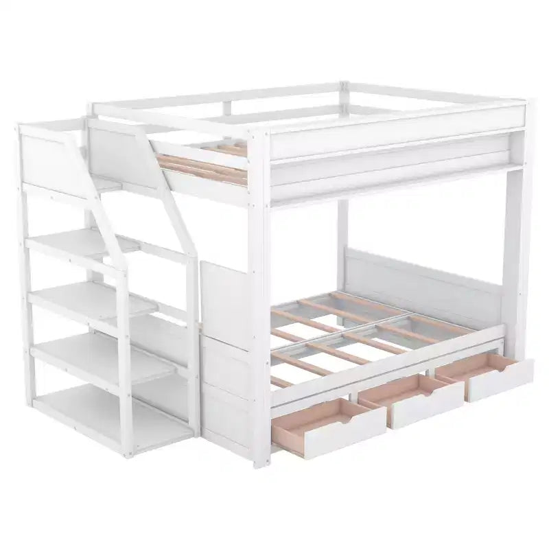 Letto a Castello Convertibile Full Size Grigio/Bianco con Scala e Spazio Contenitore, 2 Persone