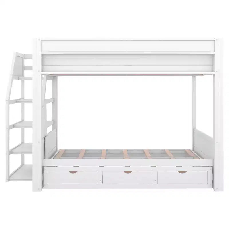 Letto a Castello Convertibile Full Size Grigio/Bianco con Scala e Spazio Contenitore, 2 Persone