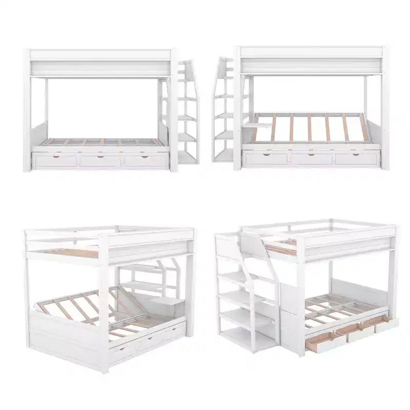 Letto a Castello Convertibile Full Size Grigio/Bianco con Scala e Spazio Contenitore, 2 Persone