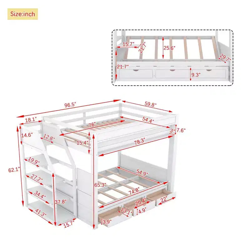 Letto a Castello Convertibile Full Size Grigio/Bianco con Scala e Spazio Contenitore, 2 Persone
