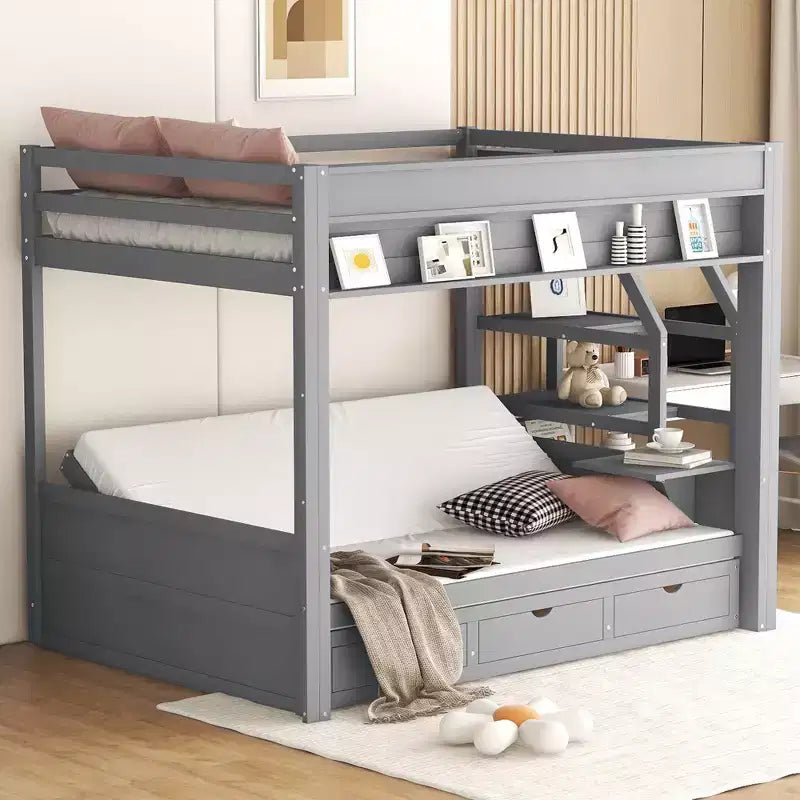 Letto a Castello Convertibile Full Size Grigio/Bianco con Scala e Spazio Contenitore, 2 Persone