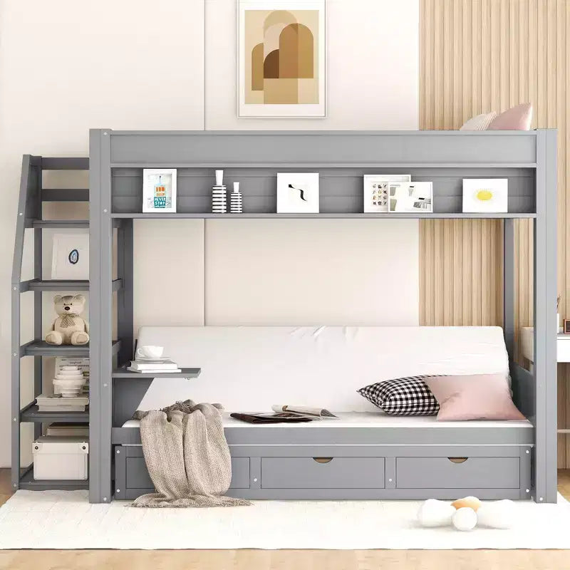 Letto a Castello Convertibile Full Size Grigio/Bianco con Scala e Spazio Contenitore, 2 Persone