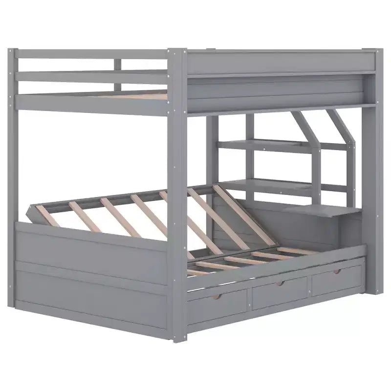 Letto a Castello Convertibile Full Size Grigio/Bianco con Scala e Spazio Contenitore, 2 Persone