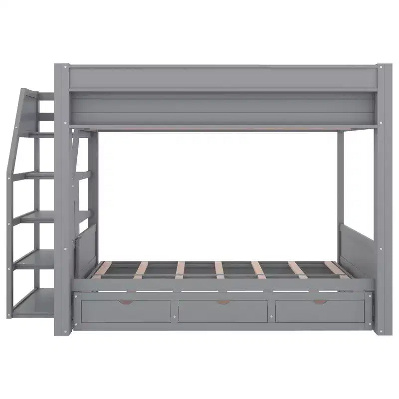Letto a Castello Convertibile Full Size Grigio/Bianco con Scala e Spazio Contenitore, 2 Persone