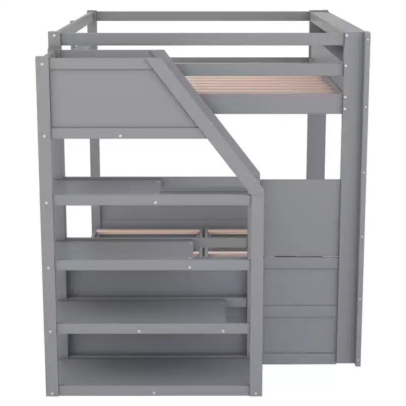 Letto a Castello Convertibile Full Size Grigio/Bianco con Scala e Spazio Contenitore, 2 Persone