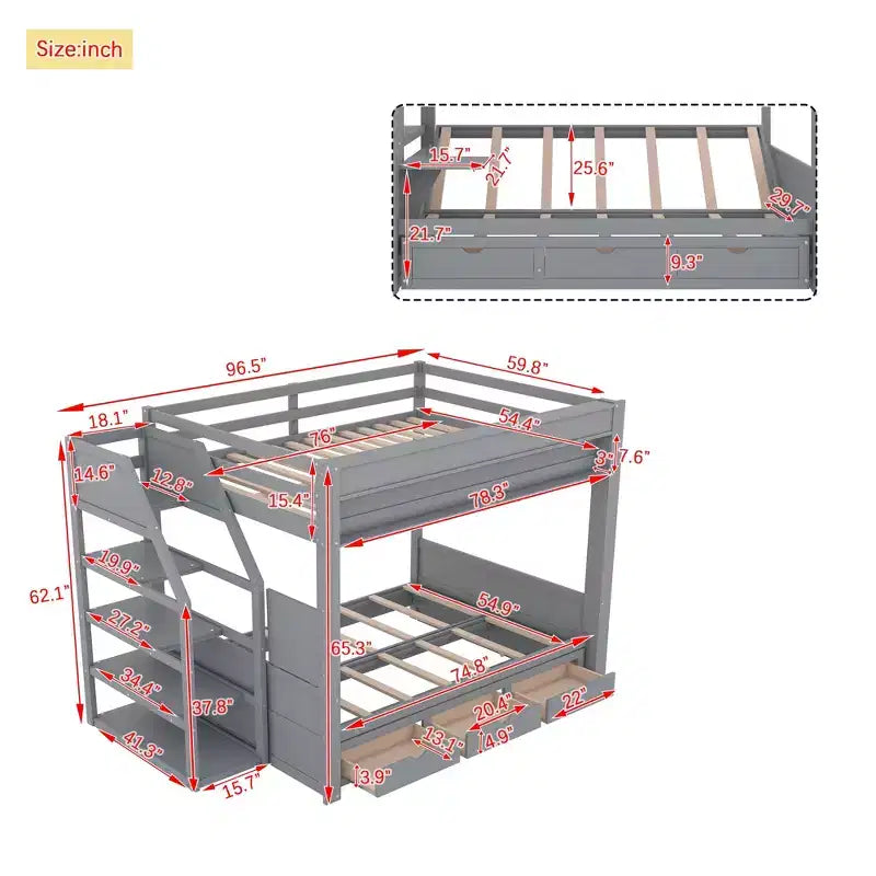Letto a Castello Convertibile Full Size Grigio/Bianco con Scala e Spazio Contenitore, 2 Persone