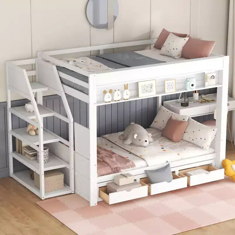 Letto a Castello Convertibile Full Size Grigio/Bianco con Scala e Spazio Contenitore, 2 Persone