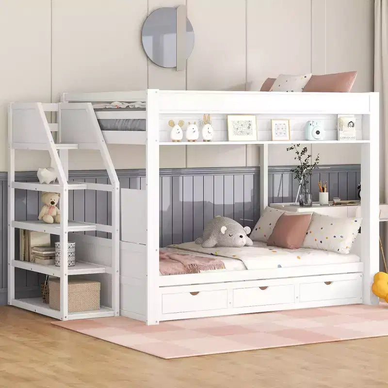 Letto a Castello Convertibile Full Size Grigio/Bianco con Scala e Spazio Contenitore, 2 Persone