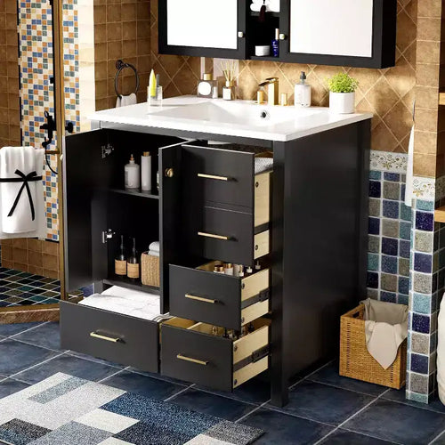 Bathroom Vanity Cabinet with Sink, Modern Wood Frame Bathroom Dresser Sets with 4 Drawers & 2 Soft Closing Doors, Bathroom Sink Cabinet