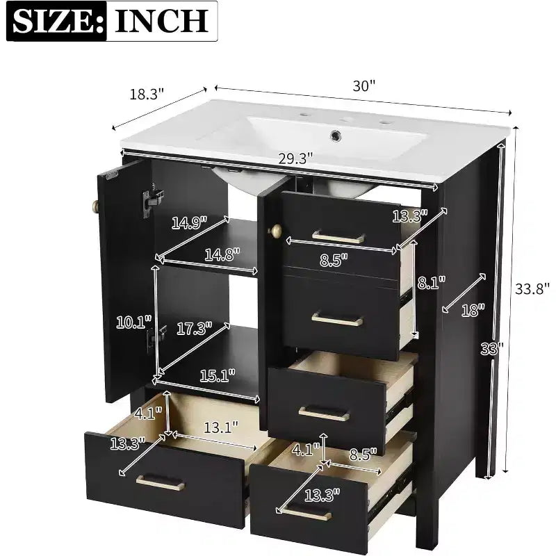 Mobile bagno singolo nero da 30" con lavabo, 5 cassetti 2 ante, 1 persona
