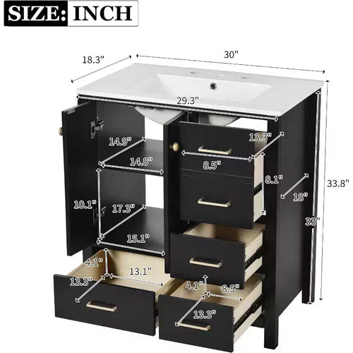 Mobile bagno singolo nero da 30" con lavabo, 5 cassetti 2 ante, 1 persona