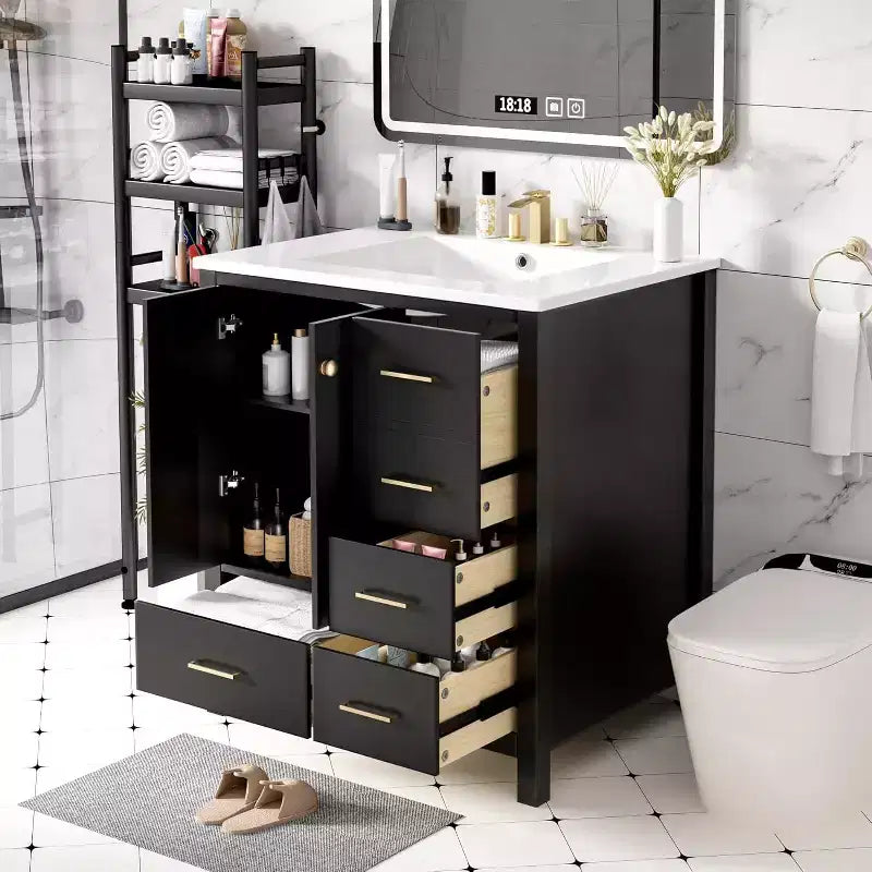 Mobile bagno singolo nero da 30" con lavabo, 5 cassetti 2 ante, 1 persona