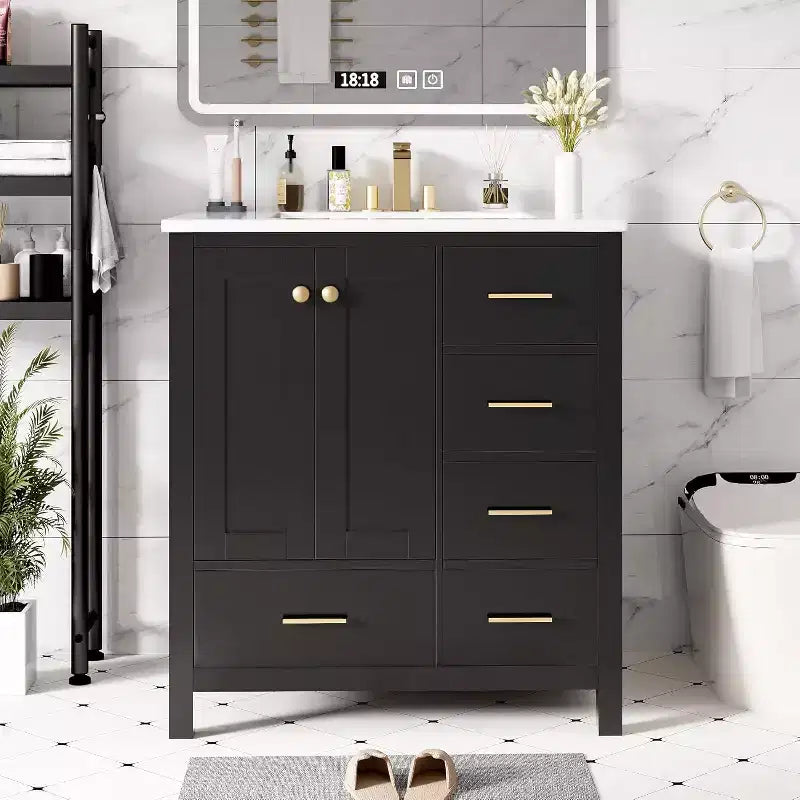 Mobile bagno singolo nero da 30" con lavabo, 5 cassetti 2 ante, 1 persona