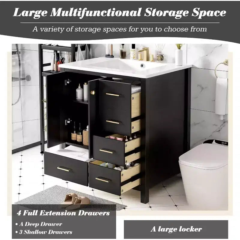 Mobile bagno singolo nero da 30" con lavabo, 5 cassetti 2 ante, 1 persona