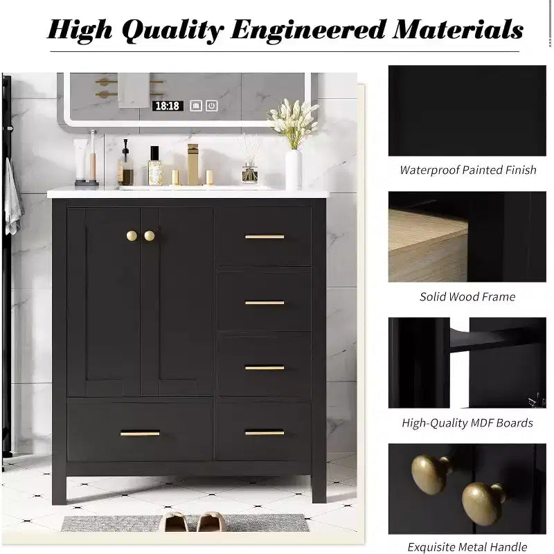Mobile bagno singolo nero da 30" con lavabo, 5 cassetti 2 ante, 1 persona