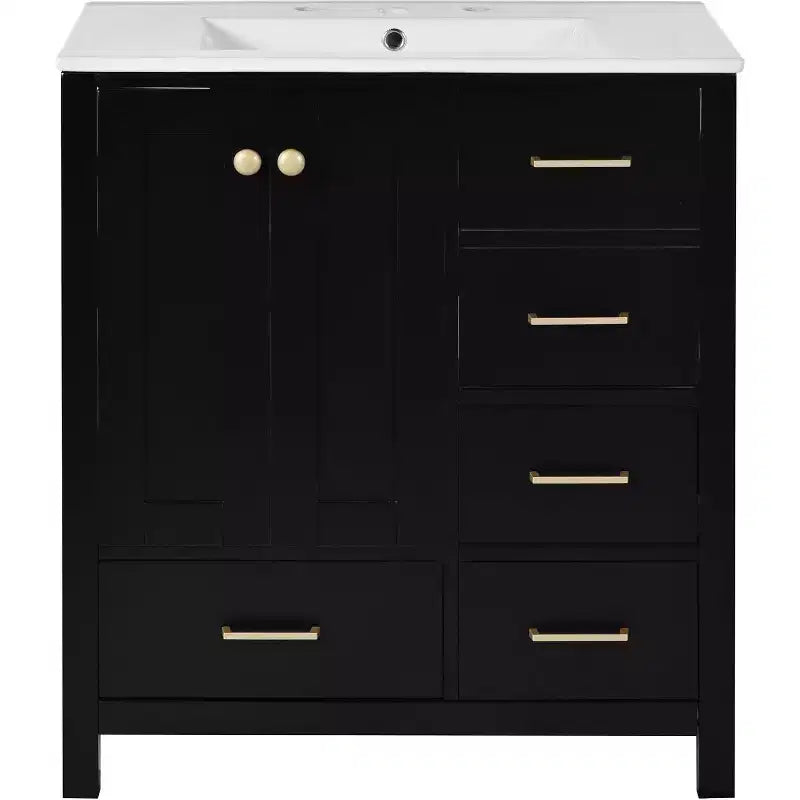 Mobile bagno singolo nero da 30" con lavabo, 5 cassetti 2 ante, 1 persona