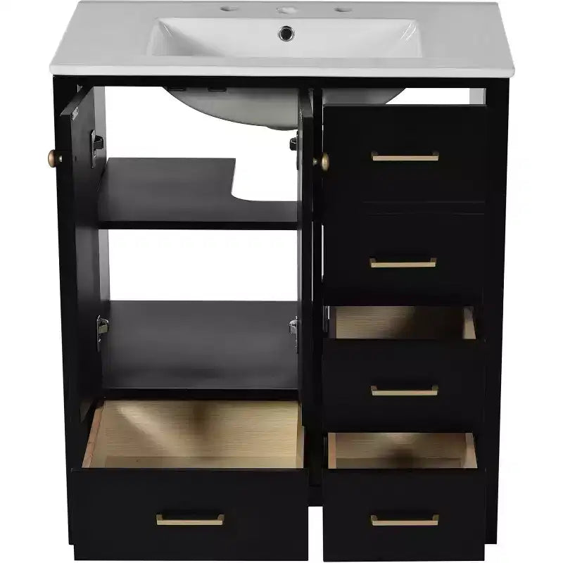 Mobile bagno singolo nero da 30" con lavabo, 5 cassetti 2 ante, 1 persona
