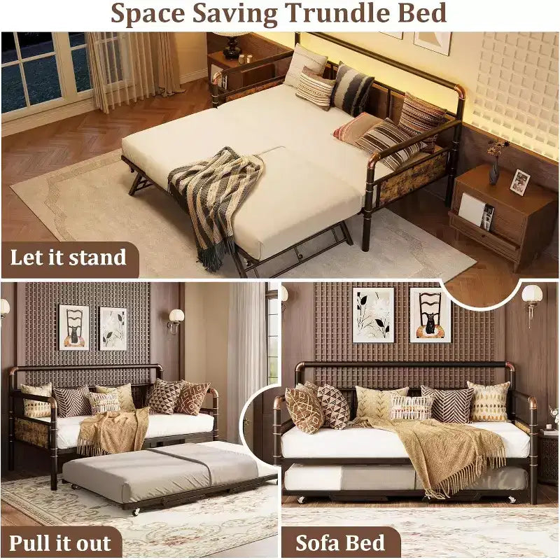 Divano-Letto in Lino Marrone con Letto Estraibile Pop-Up – Posti a Sedere/Letto per un Massimo di 4 Persone