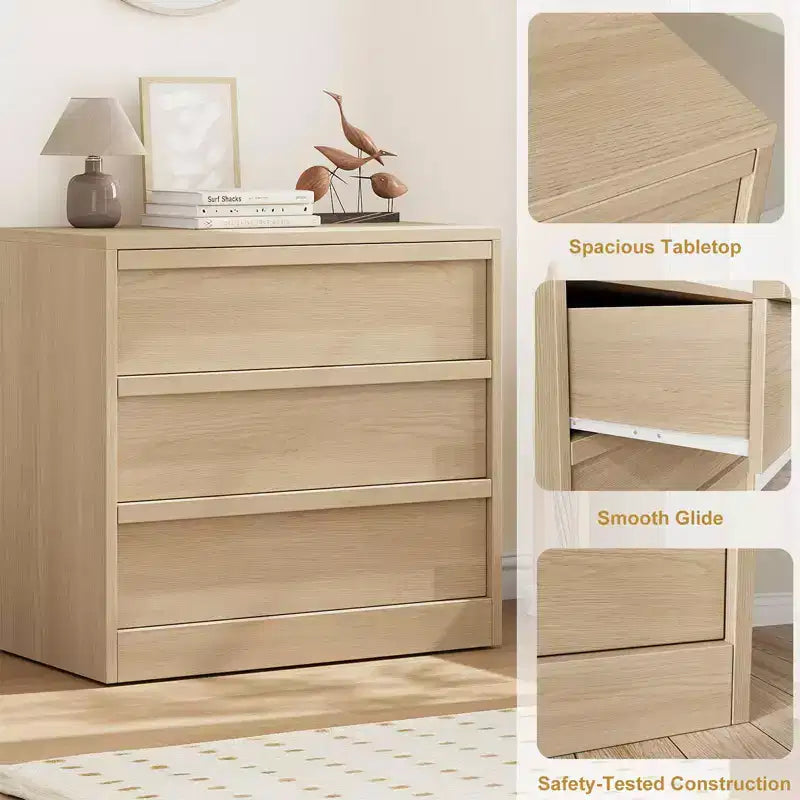 Cassettiera a 3 Cassetti in Rovere Naturale – Cassettiera Contenitore Moderna per Camera da Letto e Soggiorno