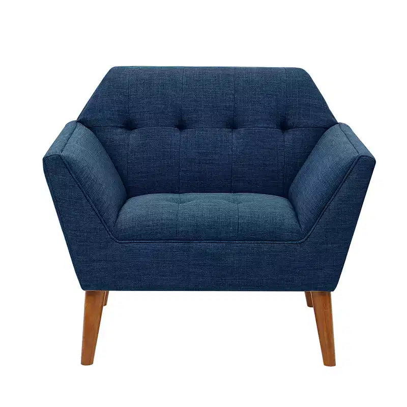 Poltrona singola in velluto trapuntato blu, con struttura in legno
