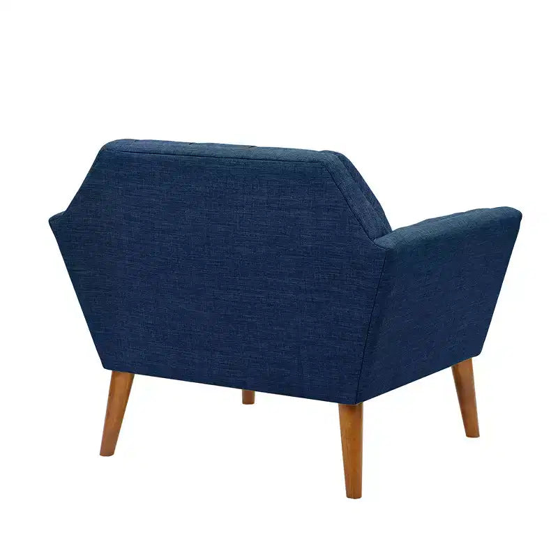 Poltrona singola in velluto trapuntato blu, con struttura in legno