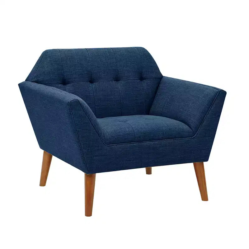 Poltrona singola in velluto trapuntato blu, con struttura in legno