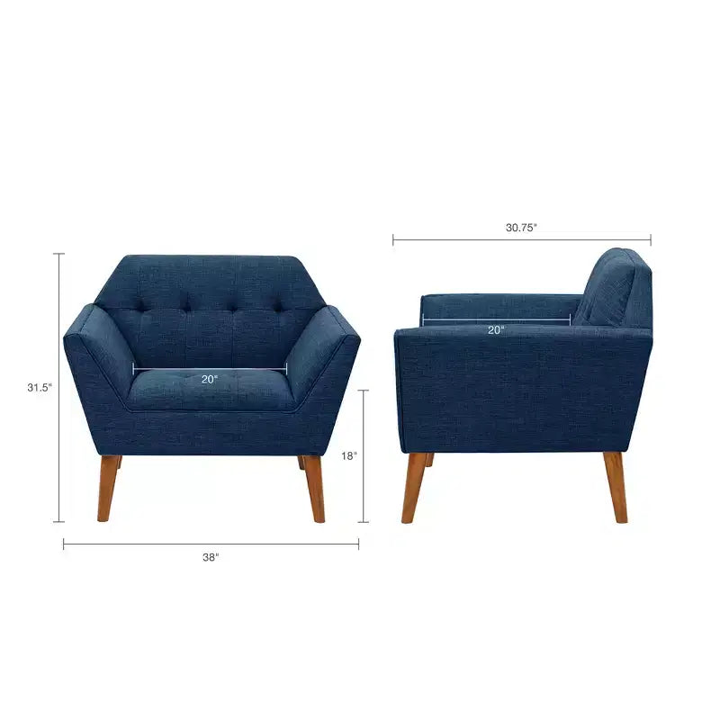 Poltrona singola in velluto trapuntato blu, con struttura in legno