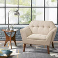 Midcentury Modern Accent Chair, Linen Upholstered Tufted Armchair with Wood Frame, Blue Reading Chair for Living Room Bedroom