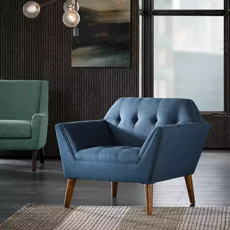 Poltrona singola in velluto trapuntato blu, con struttura in legno