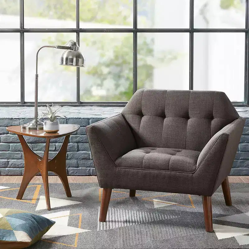Poltrona singola in velluto trapuntato blu, con struttura in legno