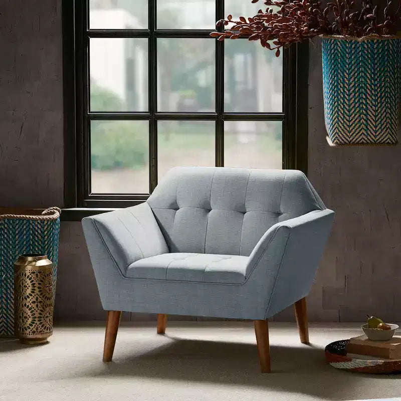 Poltrona singola in velluto trapuntato blu, con struttura in legno