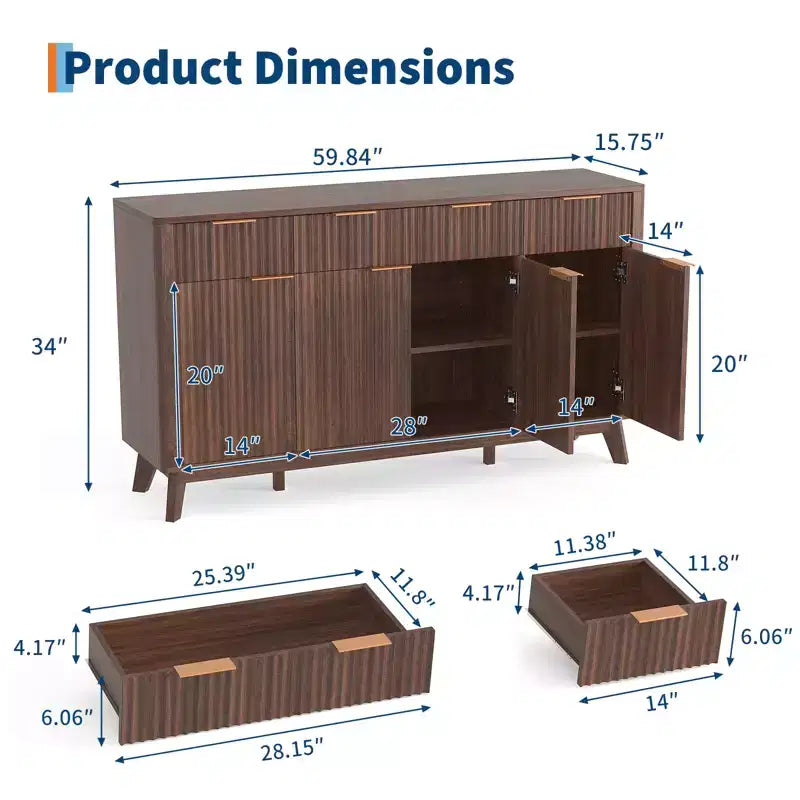 Madia/Buffet in rovere con scanalature, cassetti e ante, montaggio da 1 persona