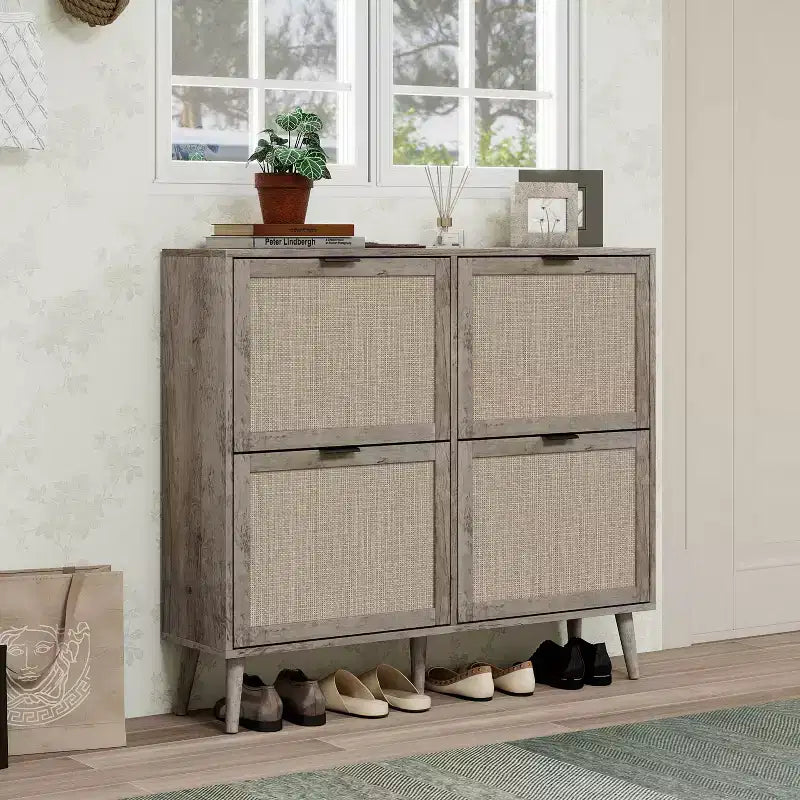 Scarpiera in Rattan Stile Rustico con 4 Ante a Ribalta, Marrone, per 2